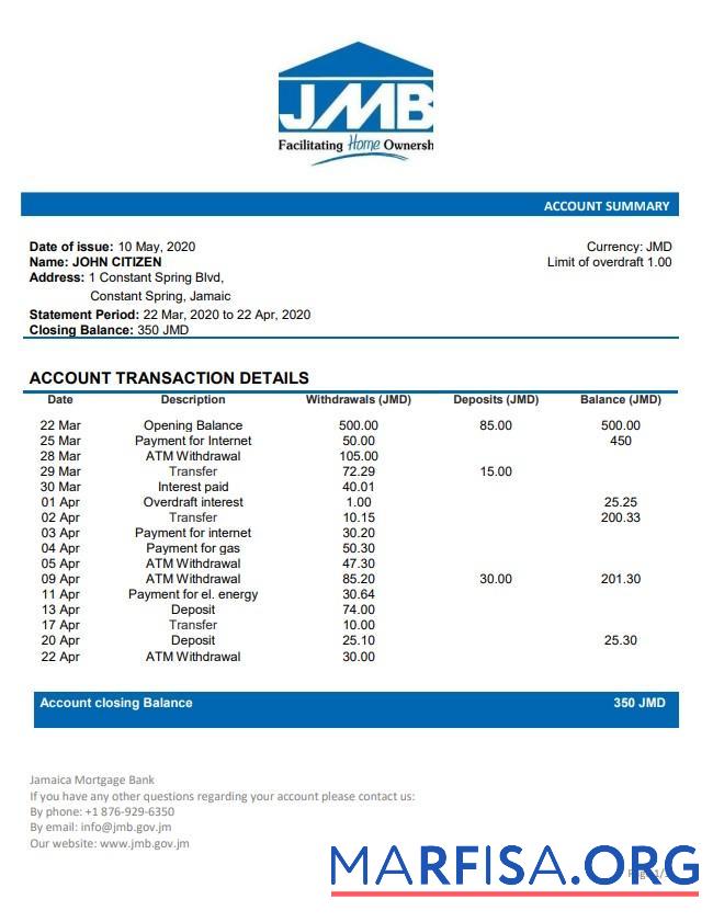 Realistic Jamaica Mortgage bank statement word example